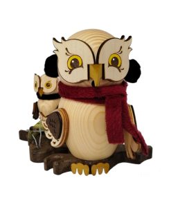 Räucherfigur Eule Schlittenfahrt mit Kind