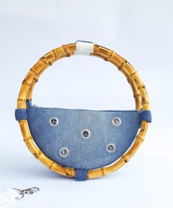 Bambustasche Denim Jeans Upcycling Ösen Jacquard im Bambusring blau weiß Unikat