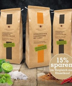 Probierpaket “Spicy BBQ” – 3 würzige, ofengeröstete Cashew Spezialitäten (1.350g)